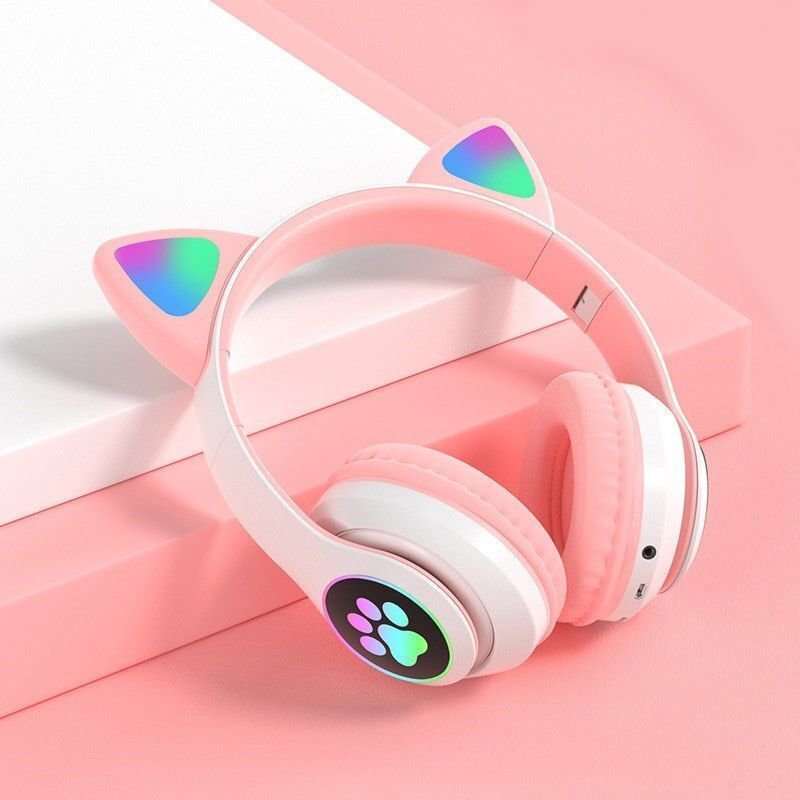 JST-28 Cat Ear Wireless Headset | RGB LED Lights | Bluetooth 5.0 + TF Card + Aux | Foldable | For Kids, Gaming, Music | Black